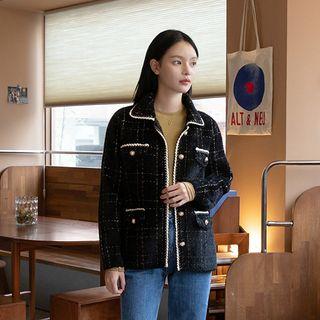 Collared Faux-pearl Buttoned Tweed Jacket Black - One Size