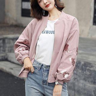 Rose Sequined Zip Baseball Jacket