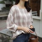 Square-neck Puff 3/4-sleeve Plaid Top