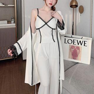 Set: Lace Trim Camisole Top + Pants + Robe