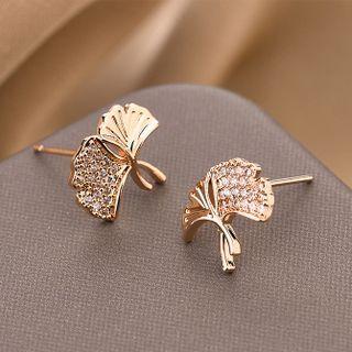 Rhinestone Leaf Stud Earring 1 Pair - Qr197 - Gold - One Size