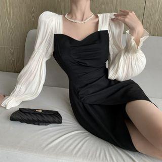 Bell-sleeve Two-tone Slit Mini Sheath Dress