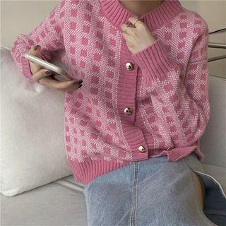 Crew Neck Plaid Cardigan Plaid - Pink - One Size
