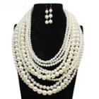 Set: Layered Faux Pearl Necklace + Drop Earring 1 Pc Necklace & 1 Pair Earring - Faux Pearl - Off-white - One Size
