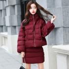 Set: Stand Collar Frilled Padded Jacket + Padded Pencil Skirt