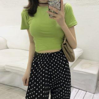 Short-sleeve Tie-back T-shirt / Polka Dot Harem Pants