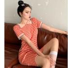 Checked Short-sleeve Collared Knit Dress