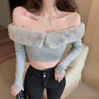 Long-sleeve Fluffy Trim Off-shoulder Crop Top Gray - One Size