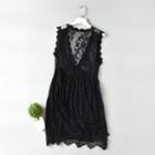 Lace Sleeveless A-line Dress Black - One Size