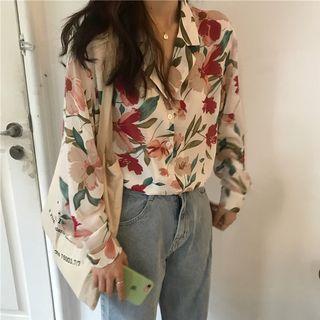 Flower Print Notch Lapel Blouse As Shown In Figure - One Size