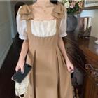 Short-sleeve High-waist Panel Mock Two-piece Dress