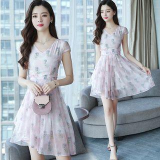 Cap-sleeve Pineapple Print Asymmetrical A-line Dress