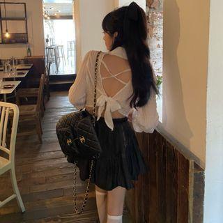 Bell-sleeve Bow Back Shirt / Plain Mini Skirt
