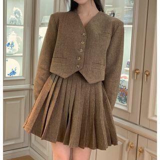 Plaid Cropped Blazer / Pleated Mini Skirt