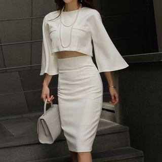 Set: 3/4-sleeve Cropped Top + Midi Fitted Skirt