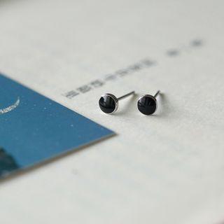 Round Stud Earring 1 Pair - Silver & Black - One Size