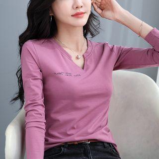 Lettering Notch-neck Long-sleeve T-shirt