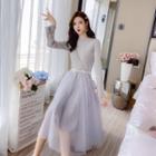 Bell-sleeve Faux Pearl Detail Midi A-line Mesh Dress