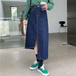 High-waist Asymmetrical Slit Denim Midi Skirt