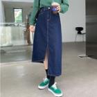 High-waist Asymmetrical Slit Denim Midi Skirt