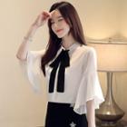 Flutter-sleeve Tie-neck Chiffon Blouse