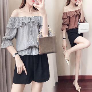 Set: Ruffle Off-shoulder Elbow-sleeve Top + Shorts