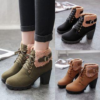 Faux-fur Panel Block Heel Lace-up Ankle Boots