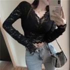 Long-sleeve Padded Cropped Lace Top