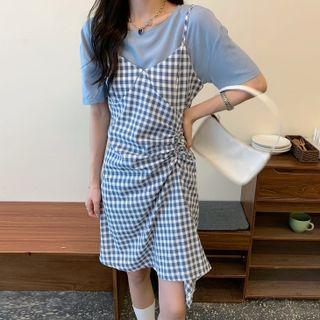 Set: Short-sleeve T-shirt + Gingham Drawstring Pinafore Dress