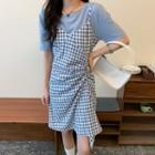 Set: Short-sleeve T-shirt + Gingham Drawstring Pinafore Dress