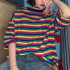 3/4-sleeve Striped T-shirt As Shown In Figure - One Size