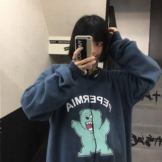 Bear Print Round-neck Sweatshirt Blue - One Size