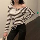 Boatneck Button-up Cutout Striped Top Stripes - Black & White - One Size