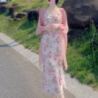 Flared-sleeve Light Jacket / Spaghetti Strap Floral Midi Sheath Dress / Set