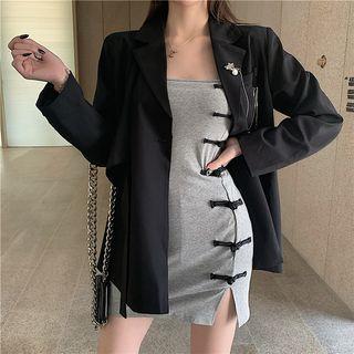 Frog-buttoned Sheath Dress / Lapel Collar Plain Blazer