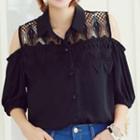 Cutout Shoulder Lace Panel Collared Top