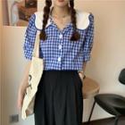 Puff-sleeve Peter Pan Collar Plaid Blouse Blue - One Size