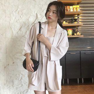 3/4-sleeve Double Breasted Blazer / Spaghetti Strap Top / Shorts / Set