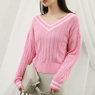 V-neck Piped Rib-knit Cardigan
