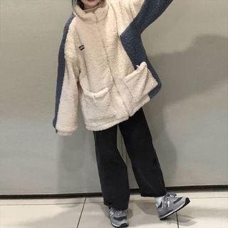 Turtleneck Two Tone Faux Shearling Zip Oversize Jacket