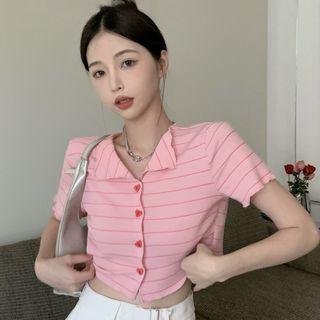 Short-sleeve Button-up Striped Crop Knit Top