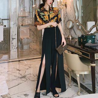 Elbow-sleeve Floral Shirt / Slit Wide-leg Pants
