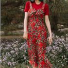 Plain Short-sleeve T-shirt / Floral Midi Spaghetti Strap Dress / Set