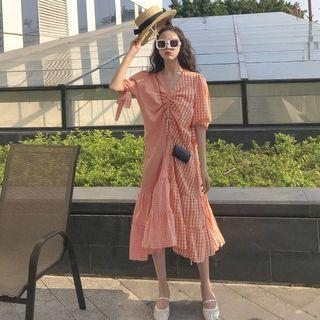 Checked Ruffle Hem Elbow-sleeve Midi Dress