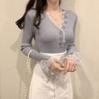 Lace V-neck Long-sleeve Slim-fit Knit Top