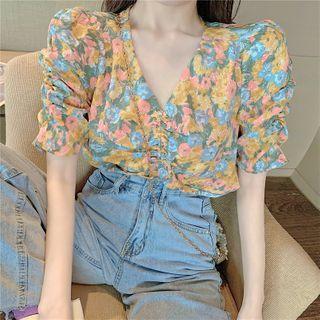 V-neck Floral Blouse Floral - One Size