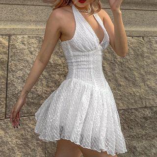 Halter-neck Mesh Mini A-line Dress