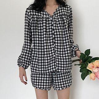 Loungewear Set: Plaid Long-sleeve V-neck Top + Shorts