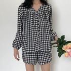 Loungewear Set: Plaid Long-sleeve V-neck Top + Shorts