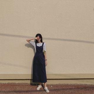 Buttoned Long Overall Dress Navy Blue - One Size